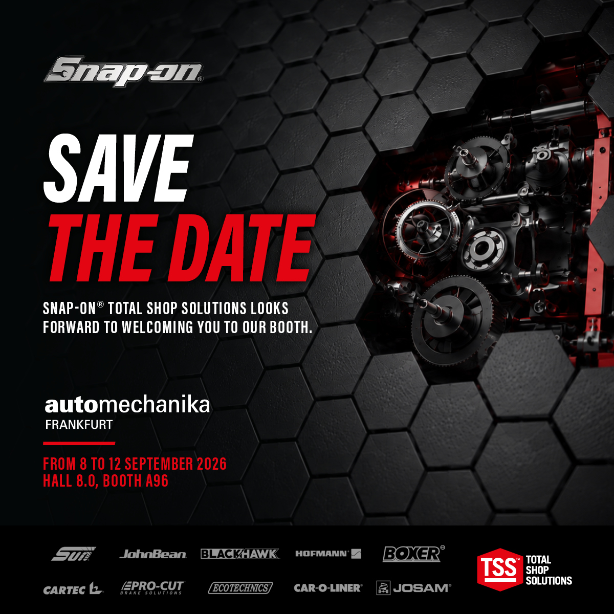 "Snap-on Save the date, Snap-on Total Shop Solutions Looks Forward to Welcoming you to our booth. automechanika Frankfurt From 8 to 12 September 2026 Hall 8.0 Booth A96" A list of Snap-on Brand logos